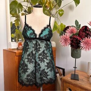 Vintage Victoria's Secret Teal and Black Lace Babydoll Chemise